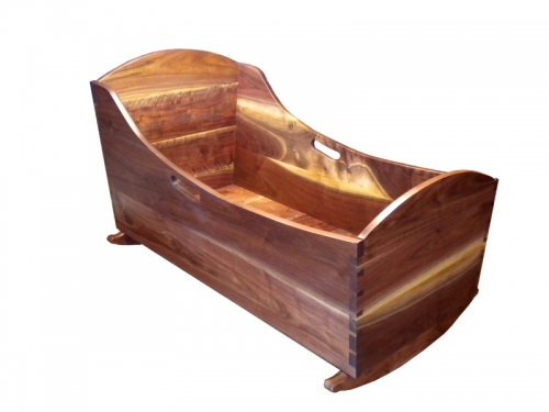 Baby Cradle in Walnut featuring angled through dovetails routed on a D4R. Al Navas, St. Joseph, MO