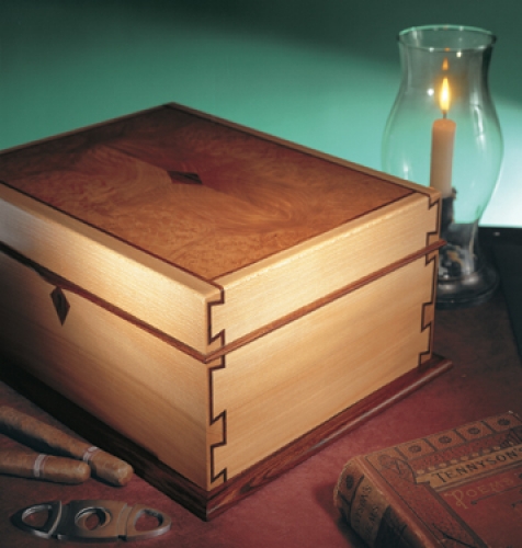 Cigar Humidor in english sycamore, madrone burl, cocobolo accents and spanish cedar lining, with inlaid half-blind dovetails. 6H x 14W x 11D