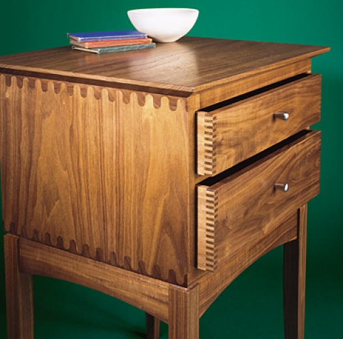 Closeup of End Table in walnut with square and rounded finger joints. 26H x 18W x 16D