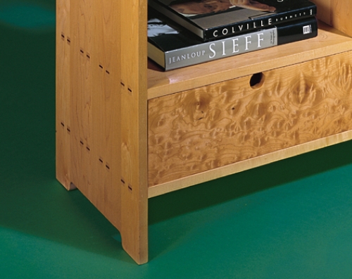 Closeup of Storage Unit in maple featuring multiple mortise and tenons. 35 1/2H x 40W x 16D