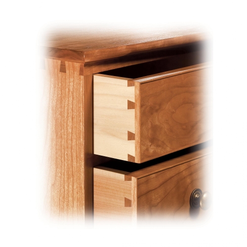 Corner of Chest of Drawers in cherry with through, half-blind, regular and rabbeted sliding dovetails. 47H x 34W x 18D