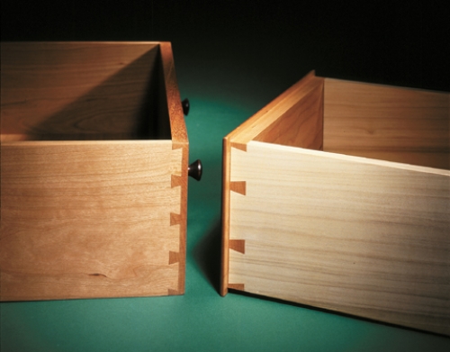 Drawers with flush and rabbeted half-blind dovetails. Left drawer mahogany front and cherry side. Right drawer cherry front and poplar side.