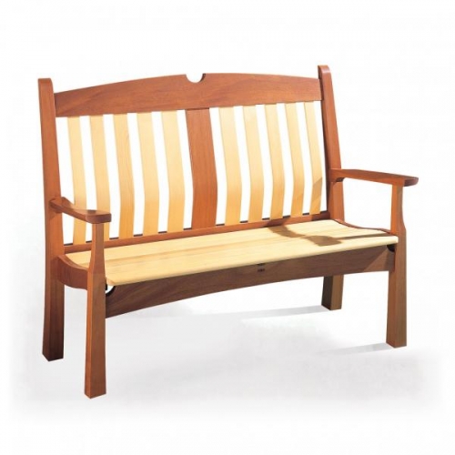 Garden bench features through twin mortise & tenon joints. Mahogany, yellow cedar and ebony. 42H x 53W x 24D