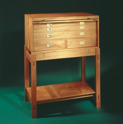 Leigh Tool Storage Cabinet in honduras mahogany with square finger joints. 51H x 38W x 20D