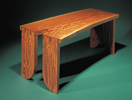 Opposite end of Coffee Table or Bench in figured bubinga with jumbo half-blind dovetails in 1 1/2 thickness of board. 17H x 40W x 19D