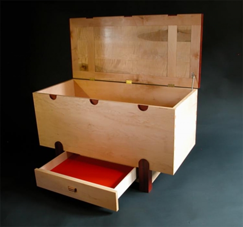 Toy Box in North American and Fiddle Back Maple and Paduak. Half Blind Dovetails. Malcolm Harwood.