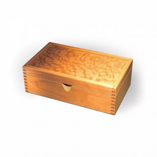 Business card holder in cherry with exotic veneered top and 532” finger joints. 3 12”H x 8 12”W x 5”D